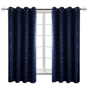 Kids Blackout Curtains Set 52x63 Navy Blue Silver Stars Insulated Darkening New